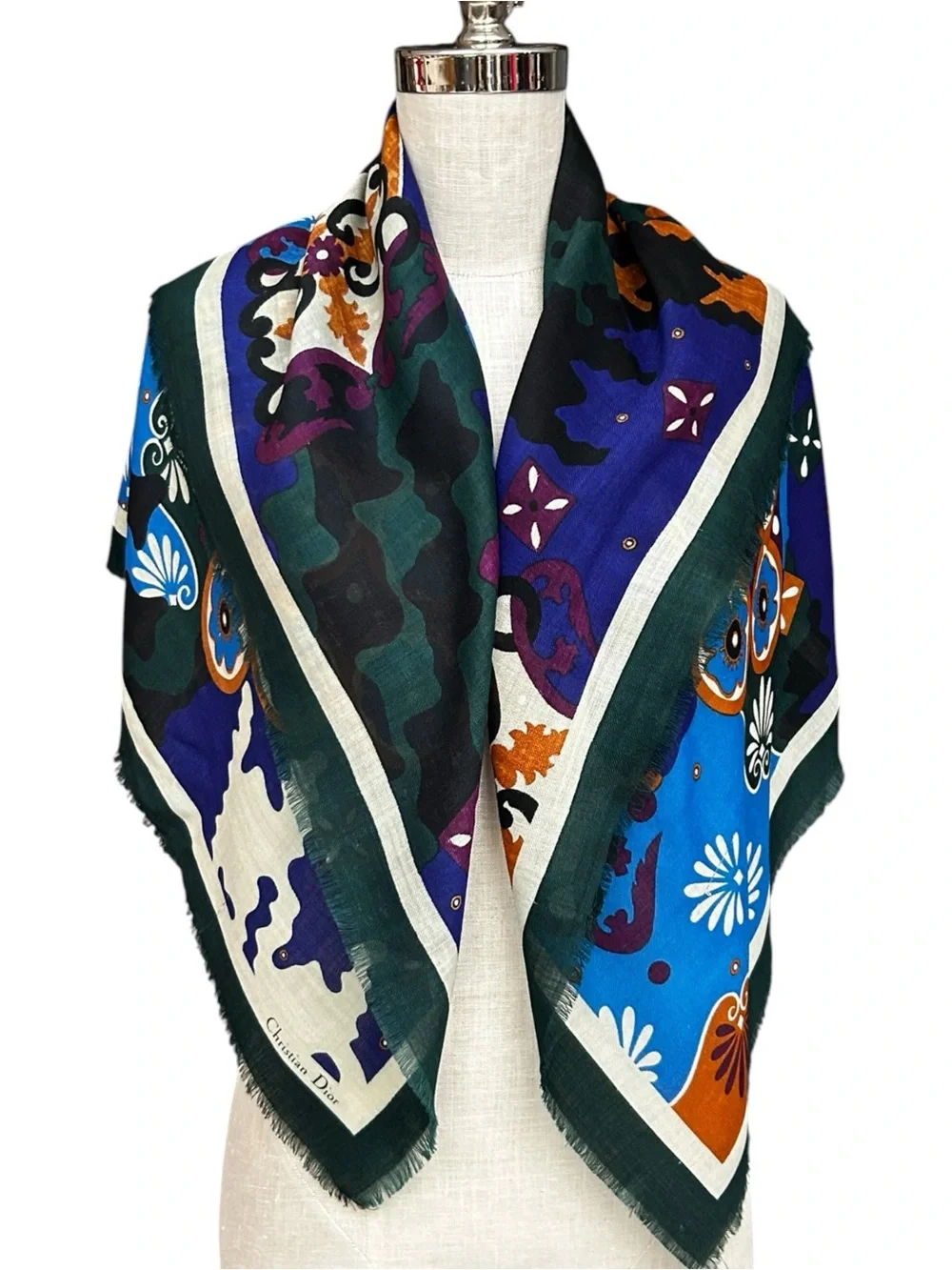 Christian Dior Écharpes Abstract Floral 100% Wool Fringe Scarf 34.5” Square